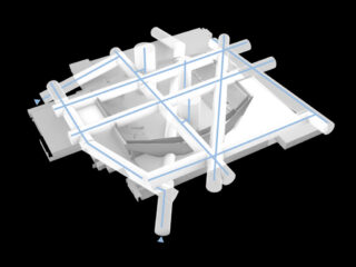Ein weißes 3D-Architekturmodell mit sich kreuzenden, durchscheinenden blauen Balken, die in einem Gittermuster angeordnet sind, vor einem schwarzen Hintergrund.