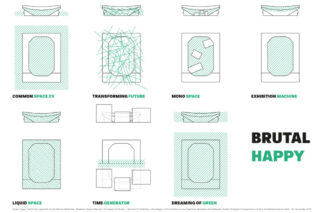 Ein Raster aus neun minimalistischen Architekturdiagrammen, beschriftet mit Sätzen wie „COMMON SPACE XV“, „DREAMING OF GREEN“ und dem fettgedruckten Text „BRUTAL HAPPY“ in der unteren rechten Ecke.