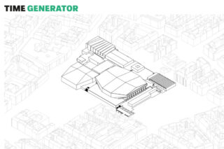 Schwarzweiße isometrische Architekturzeichnung mit einem fett hervorgehobenen Gebäudekomplex; oben links steht der Text „TIME GENERATOR“.
