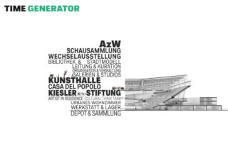 Querschnitt eines modernen Gebäudes auf der rechten Seite, mit fettem schwarzem Text, der die Einrichtungsmerkmale in einem Cluster auf der linken Seite unter der Überschrift „ZEITGENERATOR“ auflistet.