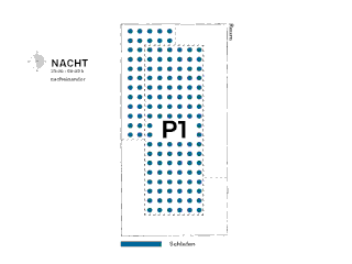 Das Diagramm mit der Bezeichnung „NACHT 23:00–06:00 Uhr“ zeigt einen rechteckigen Bereich mit blauen Punkten mit der Bezeichnung „P1“, die einen Schlafbereich (Schlafen) innerhalb des Zimmers kennzeichnen.