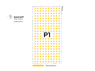 Das Diagramm mit der Beschriftung „NACHT“ zeigt einen rechteckigen Raum (P1), der mit einem Raster aus gelben Punkten gefüllt ist und den Bereich „Gästezimmer“ für die Nachtnutzung von 23:00 bis 06:00 Uhr kennzeichnet.