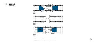 Drei Architekturgrundrisse mit der Bezeichnung OG 4, OG 5 und OG 6 zeigen blau hervorgehobene Räume auf weißem Hintergrund mit der Überschrift „NACHT 22:00–06:00 Uhr“ in der oberen linken Ecke.