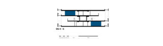 Schwarzweiße Architekturschnittzeichnung mit der Bezeichnung „OG4-6“ mit drei blau hervorgehobenen Räumen und einem Maßstab darunter.