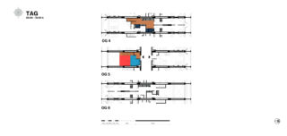 Drei architektonische Grundrisse mit den Bezeichnungen OG 4, OG 5 und OG 6. Farbige Abschnitte markieren bestimmte Bereiche auf jeder Etage. Links werden ein Zeitraum und ein Logo angezeigt.