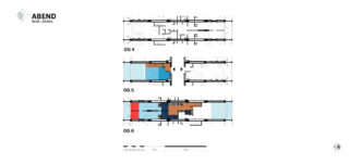 Drei architektonische Grundrisse mit der Bezeichnung OG 4, OG 5 und OG 6 zeigen Grundrisse mit blau, braun und rot markierten Räumen, begleitet von einem Zeitbereich „18:00 – 22:00 Uhr“ und einem Maßstab.
