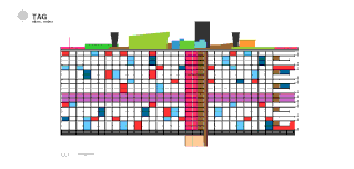 Farbcodiertes Gebäudeaufrissdiagramm mit verschiedenen geometrischen Formen und Farben, die unterschiedliche Abschnitte und Elemente der Struktur darstellen.
