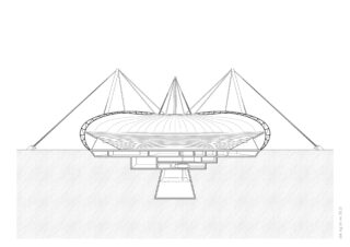 Schwarz-weiße architektonische Schnittzeichnung einer kuppelförmigen Struktur mit Tragkabeln und unterirdischen rechteckigen Erweiterungen.