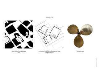 Es werden drei Bilder gezeigt: eine Schwarzweißkarte der Piazza di San Paolo alla Regola, ein geometrischer architektonischer Grundriss und ein Schiffspropeller aus Messing.