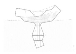 Strichzeichnung einer geometrischen, teilweise untergetauchten Struktur mit einem eckigen, sich erweiternden oberen Abschnitt und einem sich verjüngenden unteren Abschnitt, der unter die Wasseroberfläche reicht.