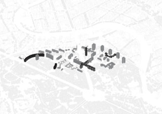 Schwarzweißer architektonischer Lageplan mit Gebäudeumrissen in Dunkelgrau und umliegenden Straßen, Grünflächen und Bäumen in helleren Farbtönen.