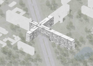 Axonometrische Darstellung eines kreuzförmigen, mehrstöckigen Gebäudes mit einer Gitterfassade in einem von Bäumen gesäumten städtischen Kontext.