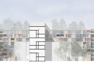 Architektonische Darstellung einer modernen Gebäudefassade mit einem vertikalen Schnitt, der die Grundrisse der Innenräume zeigt; im Hintergrund sind Grünflächen und Bäume zu sehen.