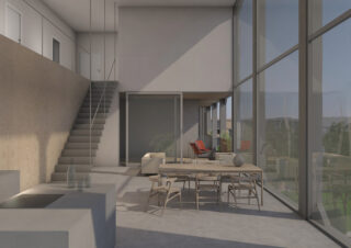 Moderner offener Wohnbereich mit großen, raumhohen Fenstern, Esstisch, Küchenbereich, Treppe und Sitzbereich mit einfallendem Tageslicht.