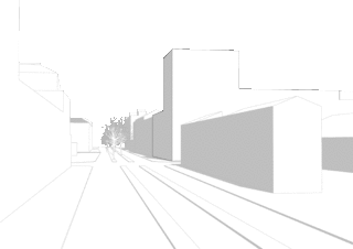 Schwarzweiß-3D-Darstellung einer Stadtstraße mit rechteckigen Gebäuden auf beiden Seiten und einer Gruppe blattloser Bäume in der Ferne.