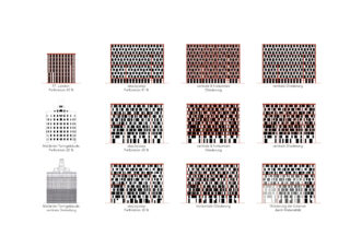 Raster aus zwölf Gebäudefassadendiagrammen, jedes mit Text beschriftet, die Variationen in Fensteranordnung, Struktur und Beschattung für die Architekturanalyse zeigen.