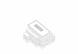 Isometrische Strichzeichnung eines mehrstöckigen, rechteckigen Gebäudes mit Flachdach und versetzten blockartigen Abschnitten sowie einer zentralen rechteckigen Öffnung an der Oberseite.