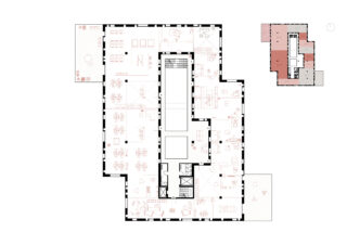 Architektonischer Grundriss mit Zimmern, Möbelanordnung, Treppenhäusern und Aufzügen. Eine kleine Karte oben rechts hebt einen Teil des Gebäudes hervor.