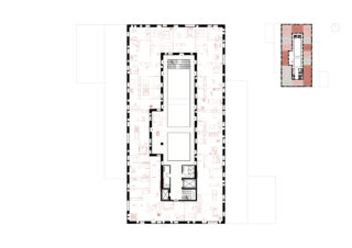Architektonische Grundrisszeichnung, die die Anordnung der Räume und Flure in einem rechteckigen Gebäude zeigt, mit einem kleineren Übersichtsdiagramm in der oberen rechten Ecke.