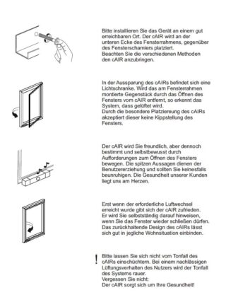 Bebilderte Anleitung in deutscher Sprache zur Montage eines CAIR-Luftsensors an einem Fenster mit Montageschritten und Erklärungen zur optimalen Platzierung und Bedienung.