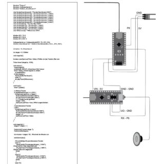 Ein Schaltplan verbindet zwei Mikrocontroller-Platinen, einen Lautsprecher und eine Stromquelle; links ist der Arduino-Code zu sehen, rechts die Schaltungsverbindungen.