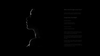Das Profil einer Frau wird durch starkes Gegenlicht vor schwarzem Hintergrund beleuchtet, wodurch die Konturen ihres Gesichts und ihrer Schultern hervorgehoben werden. Auf der rechten Seite des Bildes ist Text sichtbar.