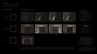 Eine Reihe von Diagrammen und Fotos zeigen die Wirkung unterschiedlicher Lichtverhältnisse in einem Raum mit Eingang und Trennwand und verdeutlichen die sich im Tagesverlauf verändernden Licht- und Schattenmuster.