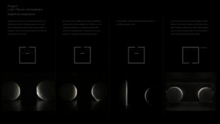 Auf einem dunklen Display sind beleuchtete Kugeln in Kästen zu sehen, begleitet von deutschem Text, Diagrammen und Schritten, die den Prozess einer Licht- und Rauminstallation erklären.