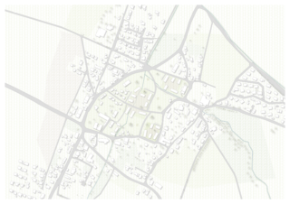 Eine vereinfachte Karte einer Kleinstadt mit sich kreuzenden Straßen, Gebäuden und einigen Grünflächen. Der Grundriss wirkt schematisch und leicht koloriert.