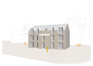 Ein dreistöckiges modernes Gebäude mit großen Fenstern und einem Satteldach, dargestellt in einer minimalistischen Architekturdarstellung mit vereinfachten Menschen und Bäumen im Hintergrund.