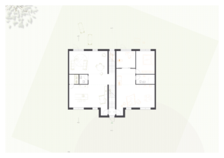 Grundriss eines einstöckigen Gebäudes mit vier Haupträumen, einem zentralen Flur und minimalen Möbelumrissen, dargestellt auf einem hellen Gitterhintergrund mit schwachen Außenelementen.