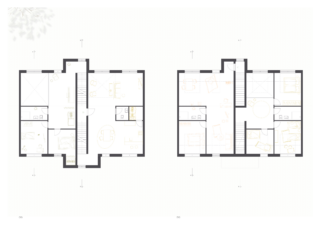 Zwei nebeneinander stehende schwarz-weiße Architekturgrundrisse zeigen die Aufteilung zweier Ebenen eines Hauses, einschließlich der Zimmer, Treppen und Möbelanordnung.