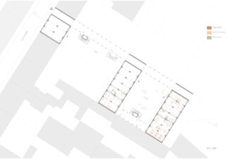 Architektonischer Grundriss mit unterteilten Räumen, gekennzeichnet für gewerbliche, gastronomische und Wohnnutzung, mit Farbcodierung für jede Funktion und Layoutdetails für Möbel und Wände.