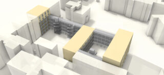 Die 3D-Architekturdarstellung zeigt zwei L-förmige gelbe Gebäude, die durch eine zentrale graue Struktur innerhalb eines weißen Stadtblocks verbunden sind. Die umliegenden Gebäude sind weiß dargestellt.