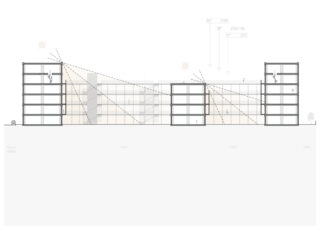 Architektonische Schnittzeichnung, die zwei mehrstöckige Gebäude mit Glasfassaden, Sonneneinstrahlungswinkeln und menschlichen Figuren zeigt, die Innen- und Außenräume darstellen.
