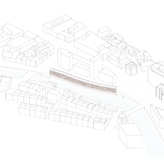 Axonometrische Zeichnung eines Stadtgebiets mit einem langen, linearen Gebäude in der Mitte, umgeben von verschiedenen blockartigen Strukturen und Straßen.