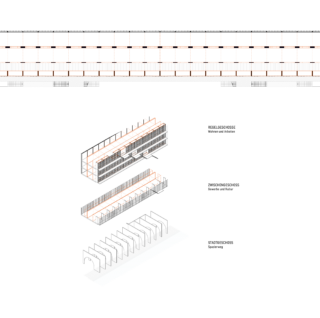 Diagramm, das eine Gebäudeansicht und drei axonometrische Ansichten mit der Bezeichnung „Standardgeschoss“, „Zwischengeschoss“ und „Erdgeschoss“ zeigt und die strukturelle und räumliche Organisation veranschaulicht.