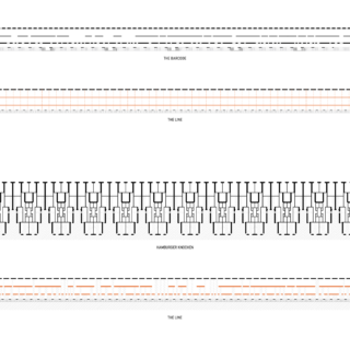 Abstraktes Schwarzweißdiagramm mit Mustern mit den Bezeichnungen „DER BARCODE“, „DIE LINIE“ und „HAMBURGER-HÄNDESCHLAG“ mit horizontalen Linien und sich wiederholenden geometrischen Formen.
