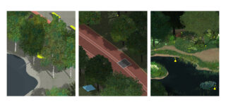 Drei Luftaufnahmen: ein gepflasterter Weg an einem Teich, eine rote Laufstrecke durch Bäume und ein von Grün und Wildblumen gesäumter Teich.