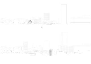 Zwei architektonische Strichzeichnungen zeigen Stadtsilhouetten mit Gebäuden, Bäumen und urbanen Elementen. Jede Zeichnung enthält eine hervorgehobene Gebäudestruktur in der Mitte der Komposition.