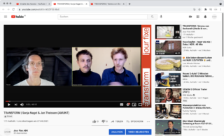 Screenshot eines YouTube-Videoanrufs mit drei Personen in separaten Frames, mit dem Titel „TRANSFORM | Sonja Nagel & Jan Thiessen (AMUNT)“ und verschiedenen Videovorschlägen auf der rechten Seite.