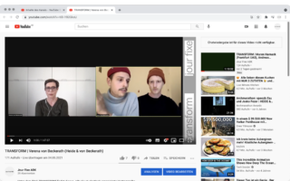 Screenshot eines YouTube-Videoanrufs mit drei Personen, zwei rechts und eine links, mit verwandten Videovorschlägen, die auf der rechten Seite des Bildschirms angezeigt werden.