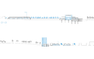 Architektonische Schnittzeichnungen, die zwei lineare Gebäudegrundrisse, Baumplatzierungen und Strukturelemente in schwarzen und blauen Linien auf weißem Hintergrund zeigen.