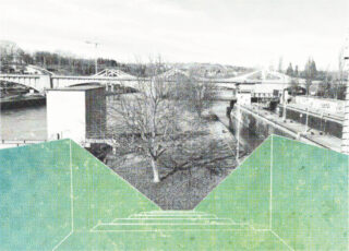 Eine Flussuferszene in Graustufen mit Brücken und Bäumen wird im Vordergrund von einer geometrischen, grün getönten Grafik aus eckigen Stufen überlagert.