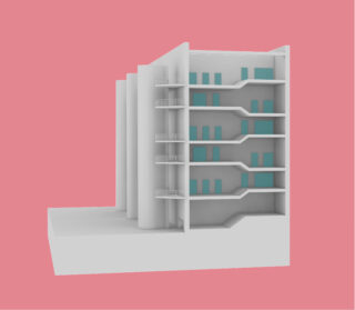 3D-Architekturmodell-Querschnitt eines mehrstöckigen Gebäudes mit türkisfarbenen rechteckigen Objekten, die Möbel oder Einrichtungsgegenstände auf jeder Etage darstellen, vor einem rosa Hintergrund.