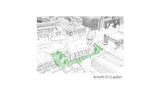 Luftbild eines Stadtgebiets mit einer zentralen Kirche, umgeben von hervorgehobenen grünen Wegen und umliegenden Gebäuden. Die Beschriftung lautet „Ansicht 01.0_außen“.