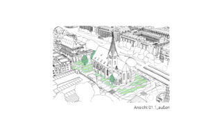 Architekturskizze einer Kirche aus der Luft, umgeben von angelegten Grünflächen und nahegelegenen Gebäuden, beschriftet mit „Ansicht 01.1_außen“.