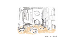 Skizze eines geräumigen Kircheninnenraums mit Bogenfenstern, einem Rosettenfenster, Bänken, einem Klavier und Gruppen von Menschen, darunter auch Kinder, die verschiedenen Aktivitäten nachgehen.