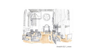 Handgezeichnete Skizze eines großen Kircheninnenraums mit hohen Bogenfenstern, Sitzbereichen, Menschen im Inneren und einem zentralen runden Buntglasfenster.