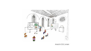 Skizze einer Unterrichtsszene in einer Kirche mit Bogenfenstern; ein Lehrer steht an einer Tafel, während Kinder auf Stühlen und dem Boden sitzen.